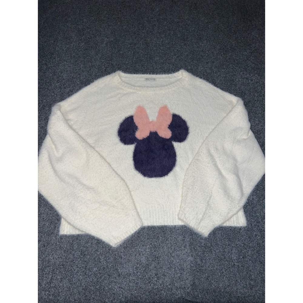Disney x Macys Minnie Mouse Fuzzy Knit Sweater XXL Cream Pink Bow Graphic